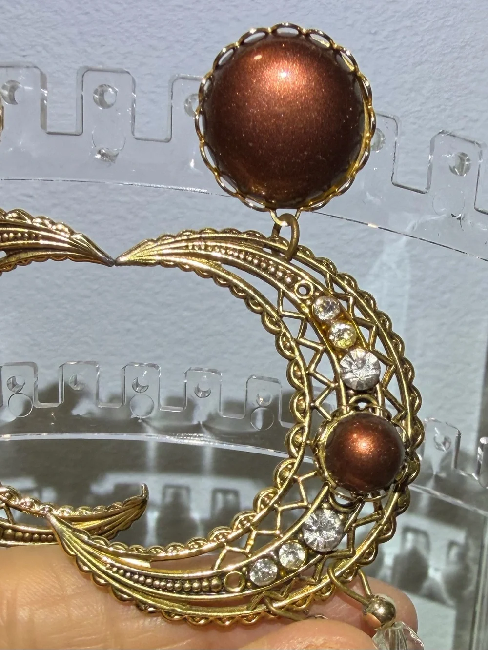 1986 Vintage Leigh LeCocq  Gold Tone Bronze Star & Half Moon Drop Hoop Earrings